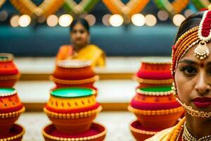 une femme dans traditionnel Indien tenue est permanent dans de face de marmites. généré par ai photo