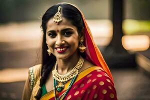 une magnifique Indien la mariée dans traditionnel tenue. généré par ai photo