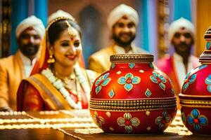 Indien mariage la cérémonie avec la mariée et jeune marié. généré par ai photo