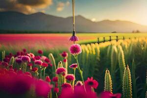 une fleur champ avec rose fleurs et montagnes dans le Contexte. généré par ai photo