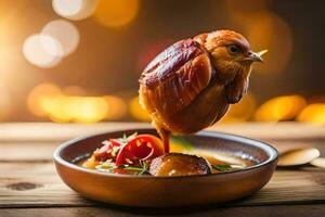 une poulet est séance sur Haut de une bol de soupe. généré par ai photo