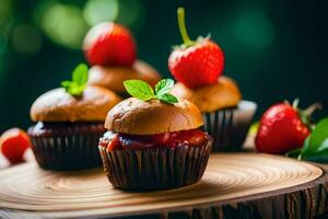 mini petits gâteaux avec des fraises sur une en bois plaque. généré par ai photo