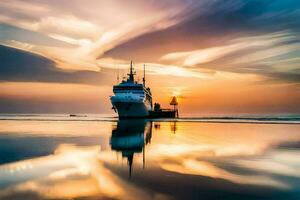 une bateau est voile dans le océan à le coucher du soleil. généré par ai photo