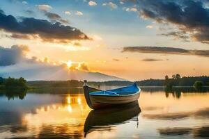 photo fond d'écran le ciel, lac, bateau, coucher de soleil, bateau, coucher de soleil, bateau, lac,. généré par ai