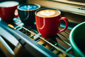 Trois café tasses sont doublé en haut sur une étagère. généré par ai photo