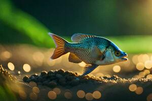une poisson est permanent sur le sol avec une brillant lumière derrière il. généré par ai photo