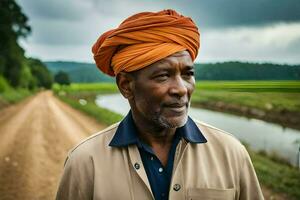 une homme portant un Orange turban des stands sur une saleté route. généré par ai photo