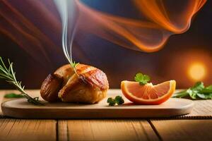 une pièce de Viande avec un Orange tranche sur une en bois Coupe planche. généré par ai photo