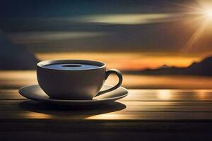 café tasse sur le table avec le Soleil dans le Contexte. généré par ai photo