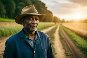 un africain américain homme permanent dans une champ. généré par ai photo