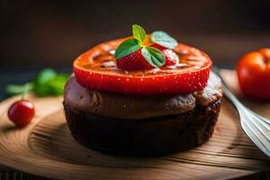 une petit gâteau avec tomates et menthe sur Haut. généré par ai photo