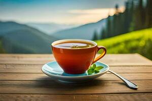 une tasse de thé sur une en bois table avec montagnes dans le Contexte. généré par ai photo