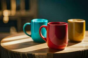 Trois coloré café des tasses sur une en bois tableau. généré par ai photo