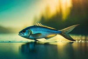 une poisson est permanent sur le l'eau à le coucher du soleil. généré par ai photo