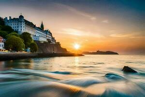 le coucher du soleil plus de le océan et une château. généré par ai photo