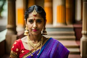 une femme dans une traditionnel sari pose pour une portrait. généré par ai photo