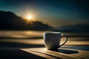 une café tasse est assis sur une en bois table dans de face de le Soleil. généré par ai photo