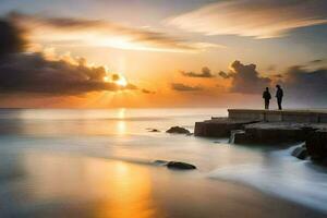 une couple des stands sur le bord de une jetée à le coucher du soleil. généré par ai photo