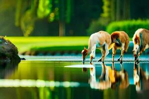 Trois cerf en buvant l'eau de une étang. généré par ai photo