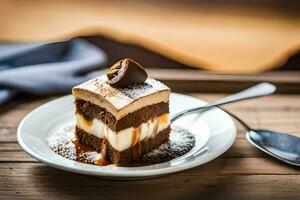 une pièce de Chocolat gâteau sur une assiette avec une cuillère. généré par ai photo