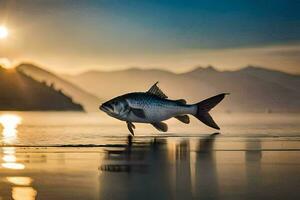 une poisson est sauter en dehors de le l'eau à le coucher du soleil. généré par ai photo