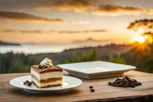 une tranche de gâteau avec café des haricots sur une en bois tableau. généré par ai photo