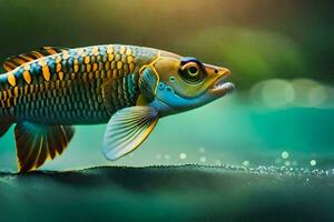 une poisson avec une Jaune et bleu corps est permanent sur le l'eau. généré par ai photo