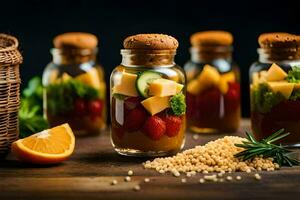 petit pots rempli avec nourriture et des légumes. généré par ai photo