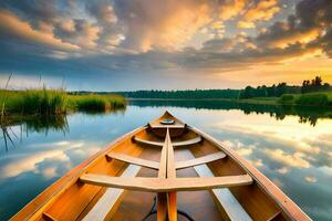 une canoë est flottant sur le l'eau à le coucher du soleil. généré par ai photo