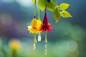 deux coloré fleurs pendaison de une arbre. généré par ai photo