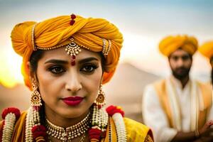 une la mariée et jeune marié dans traditionnel Indien tenue. généré par ai photo