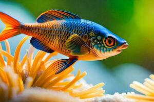 une poisson avec brillant bleu yeux et Orange nageoires. généré par ai photo