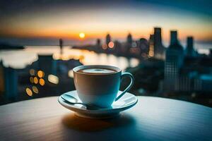 café tasse avec une vue de le ville. généré par ai photo