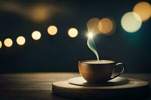 une tasse de café sur une en bois table avec bokeh lumières. généré par ai photo