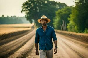 une homme portant une chapeau des promenades vers le bas une saleté route. généré par ai photo