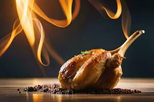 une rôti poulet sur une en bois table avec Feu. généré par ai photo