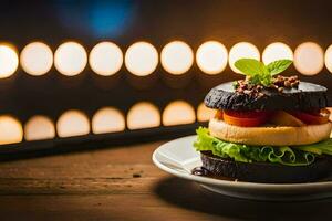 une Burger avec fromage et salade sur une plaque. généré par ai photo