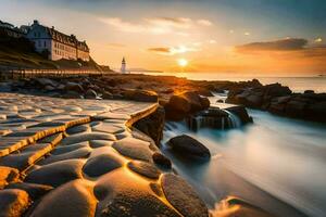 le Soleil ensembles plus de le rochers à le plage. généré par ai photo