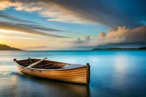 le bateau est flottant dans le l'eau à le coucher du soleil. généré par ai photo