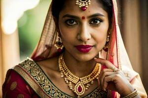 une magnifique Indien la mariée dans traditionnel tenue. généré par ai photo