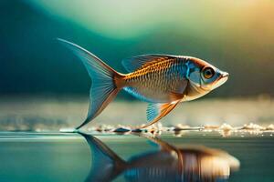 une poisson est permanent sur le l'eau avec ses réflexion. généré par ai photo