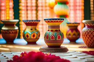 coloré des vases sur une table avec fleurs et rouge fleurs. généré par ai photo