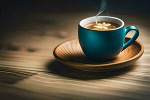 une tasse de café sur une en bois tableau. généré par ai photo