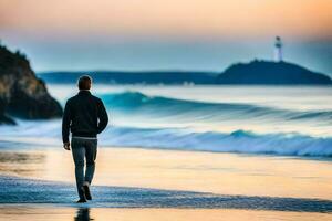 une homme en marchant le long de le plage à le coucher du soleil. généré par ai photo