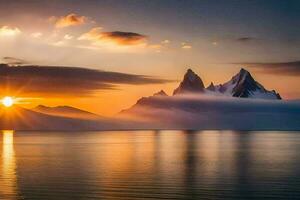 le Soleil monte plus de montagnes dans le distance. généré par ai photo