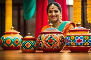 une femme dans un Indien sari est assis suivant à coloré marmites. généré par ai photo