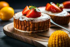 deux Gâteaux avec des fraises et crème sur une en bois Coupe planche. généré par ai photo