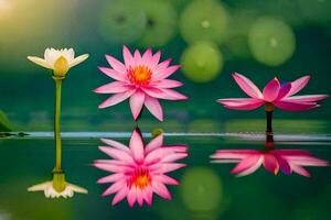 Trois rose lotus fleurs sont réfléchi dans le l'eau. généré par ai photo