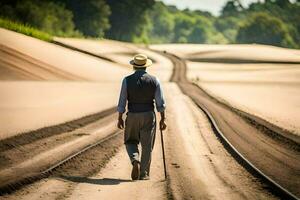 une homme en marchant sur le des pistes de une train. généré par ai photo