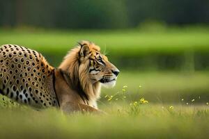 une tigre en marchant par une champ de herbe. généré par ai photo